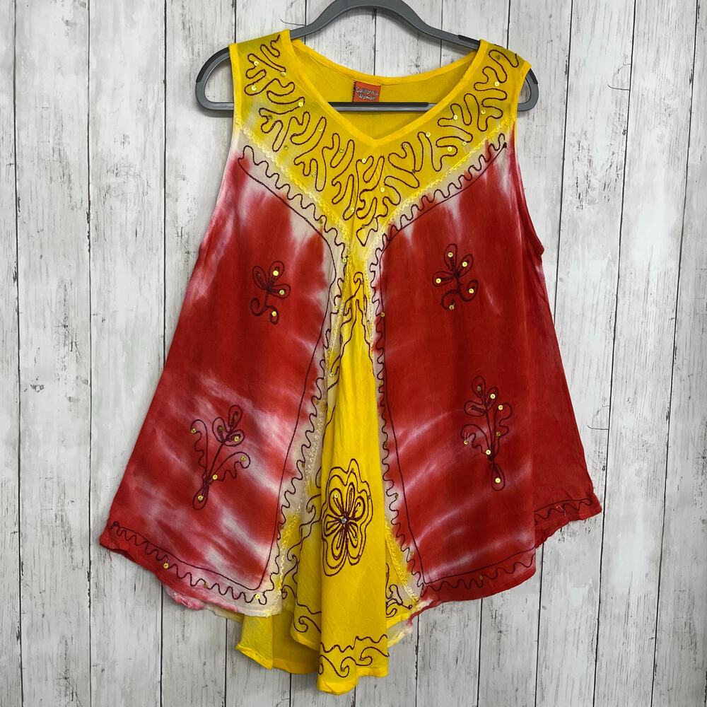 California Woman Boho Tie Dye Flowy Colorful Sequin Sleeveless One Size Blouse
